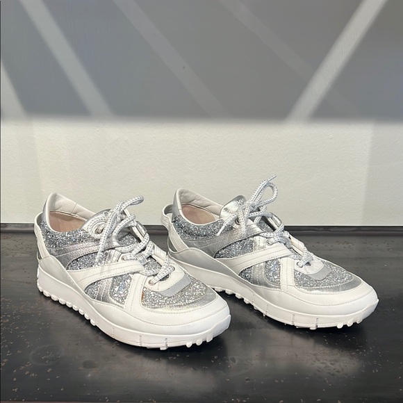 Jimmy Choo Shoes - Jimmy Choo Silver Glitter and White Leather Sneakers